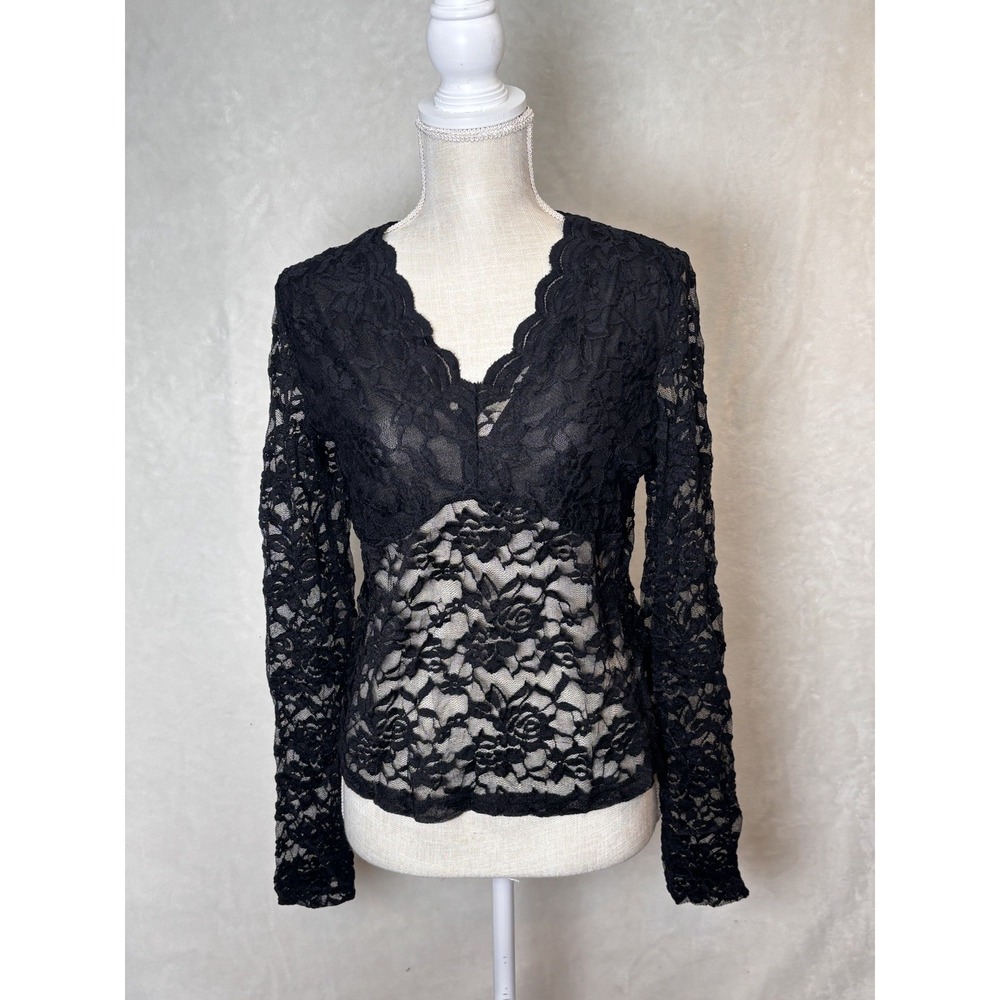Black Floral Lace Mesh Sheer Top 2XL Romantic Soft Goth Whimsigoth Long Sleeve